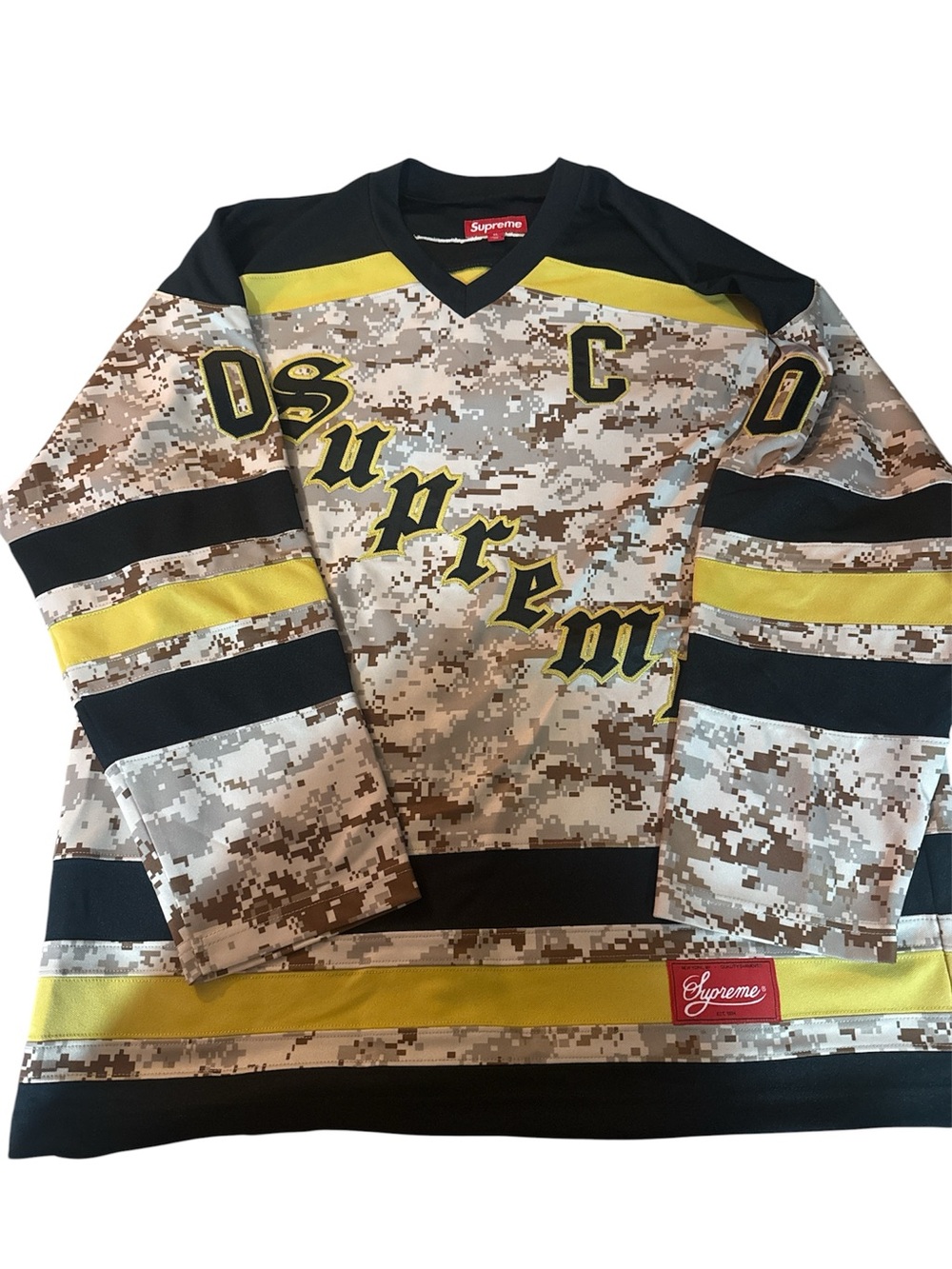Supreme Fire & Ice Camo Hockey Jersey in Tan, Black & Gold